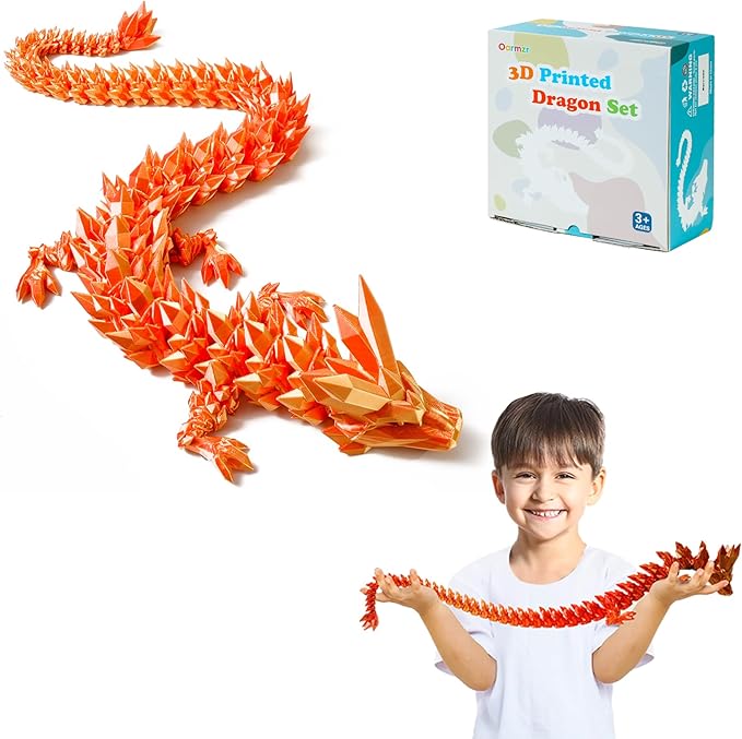 30'' 3D Printed Dragon - 3D Printed Toys, Articulated Crystal Dragon Large Rainbow Animal Fidget Toy, Decor Huge Dragons Collectible Figurines(Red Gold,30inch)