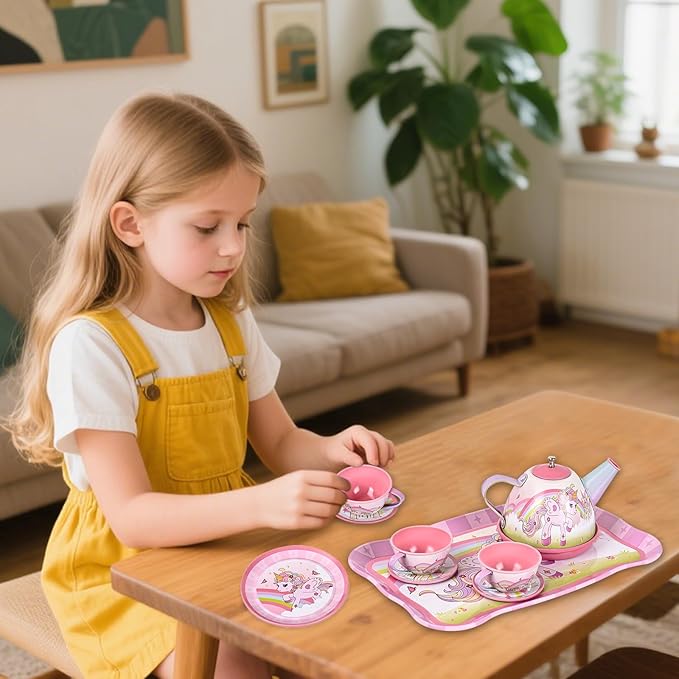 Unicorn Tea Party Set for Little Girls Ages 3-6, 15-Piece Pretend Play Kitchen Toys with Teapot, Cups, Plates & Storage Case, Princess Gift Set