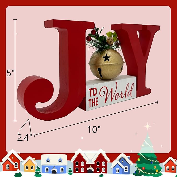 Christmas Decorations for Home Red JOY Bell Decor Farmhouse Wooden Holiday Sign Winter Rustic Vintage Block Xmas Tabletop for Kitchen Xmas Party Mantel Tiered Tray Gift Indoor Outdoor