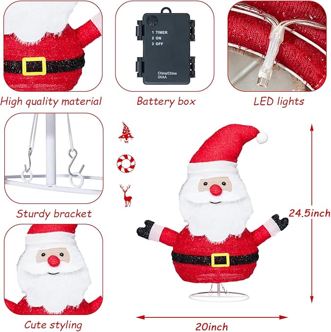 VCUTEKA Lighted Christmas Outdoor Decorations 2FT Santa Claus with LED Lights Pre Lit Pop up Collapsible Easily Metal Stand for Christmas Yard Garden Decorations, Event Decoration