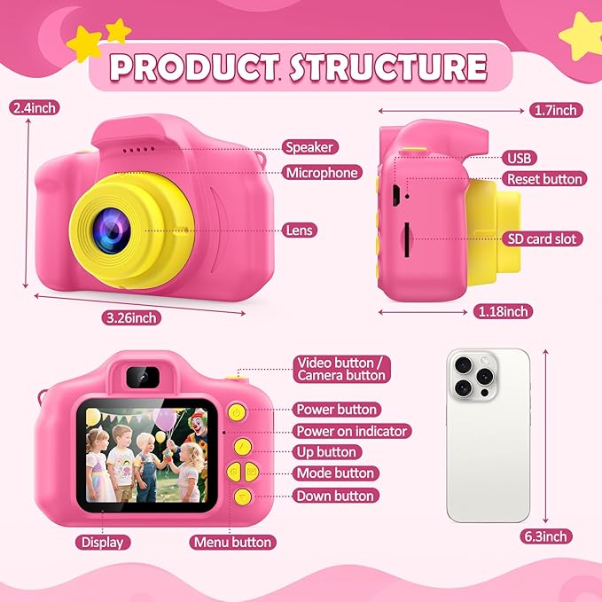 Desuccus Kids Camera for Girls 3-12, 1080P HD Digital Camera with 32GB SD Card - Toddler Camera, Christmas Birthday Gift Toys for 4 5 6 7 8 9 10 11 Year Old Girls (Pink)