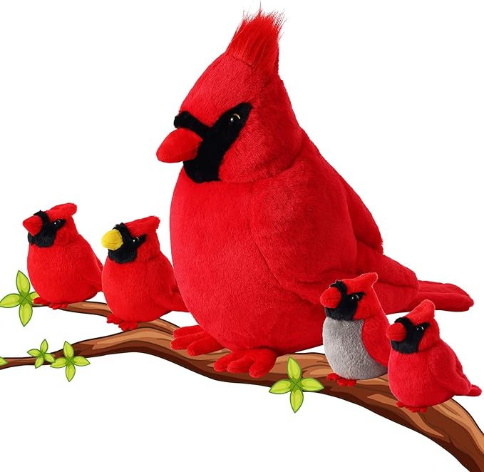 5 Pcs Northern Cardinal Plush Mommy Stuffed Animal with Baby Plush Red Bird Soft for Girls Birthday Xmas Bedtime Gift Bed Rest Chair Bolster Nursery Decoration(Cardinal)