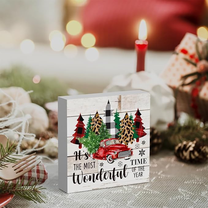 Rustic Winter Merry Christmas Tree Wood Box Sign, It's the Most Wonderful Time of the Year Truck Farmhouse Christmas Santa Artwork Decor, Home Shelf Office Decoration 5 x 5 Inches