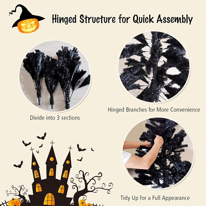 GOFLAME 6FT Artificial Halloween Christmas Tree, 1036 Branch Tips, PVC Needles, Xmas Hinged Pine Tree w/Solid Metal Legs, Unlit Halloween Christmas Tree for Indoor and Outdoor Decoration, Black