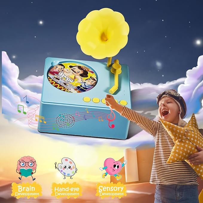 Kids Gramophone with 96 Learning Cards, Toddler Gramophone Music Toy, Kid Phonograph Toddler Record Player, Kid Gramophones, Children's Phonograph Story Music Player Gift Boys Girls (Blue)