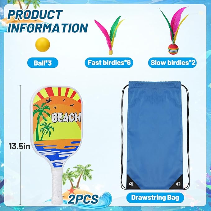 New Twist Beach Pickleball Set -Including 2 Racquets, 3 TPR Balls, 6 Fast Birdies,2 Slow Birdies,Summer Rackets Game for Adults Kids Family Play, Small