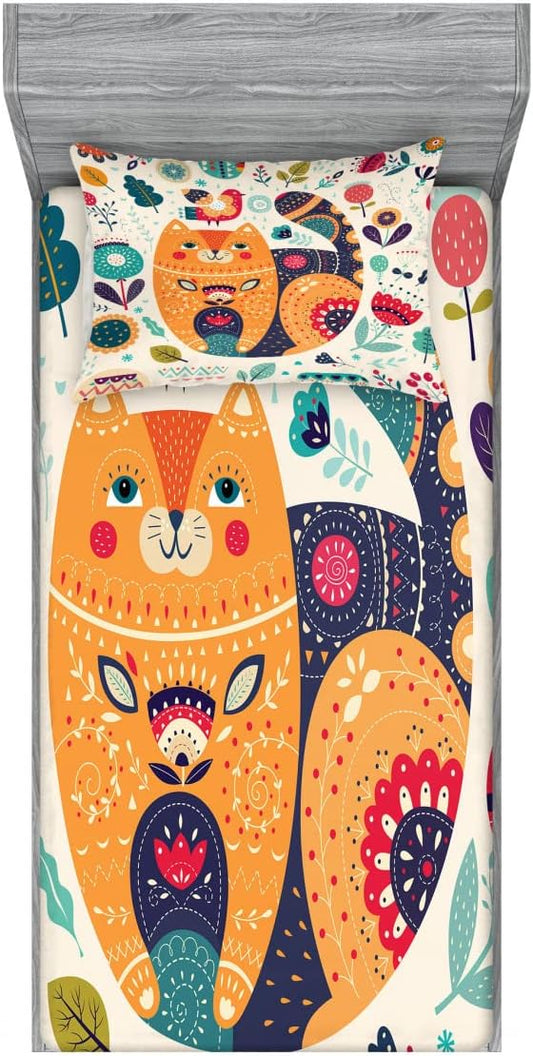 Ambesonne Scandi 2 Pack Fitted Sheet & Pillow Sham Set, Cat and Flowers Leaves Print, 4 Pcs Bedding Decor, Package Contains 2 Twin Size Fitted Sheets & 2 Pillow Covers, Orange Multicolor
