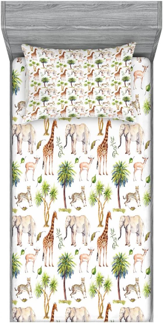 Ambesonne Watercolor Animal 2 Pack Fitted Sheet & Pillow Sham Set, Giraffe Savannah, 4 Pcs Bedding Decor, Package Contains 2 Twin Size Fitted Sheets & 2 Pillow Covers, Green Pale Brown