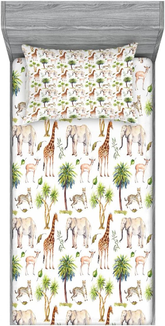 Ambesonne Watercolor Animal 2 Pack Fitted Sheet & Pillow Sham Set, Giraffe Savannah, 4 Pcs Bedding Decor, Package Contains 2 Twin Size Fitted Sheets & 2 Pillow Covers, Green Pale Brown