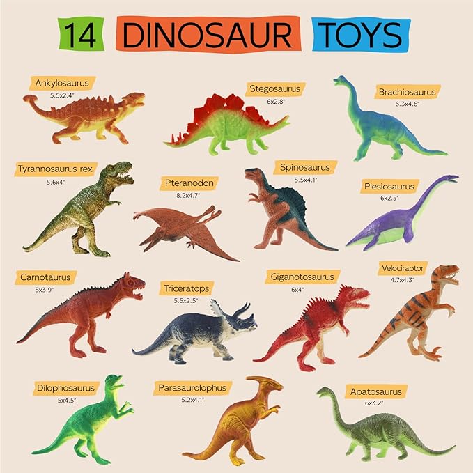 Dinosaur Toys for Kids 3-5 5-7 - 14 Realistic Plastic Dinosaur Figures Set with Storage Box & Learning Booklet - Educational Dino Figure Toys for Boys Girls Toddlers