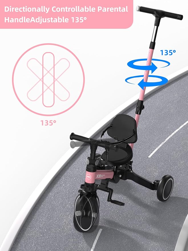 XJD Toddler Bike, 6 in 1 Folding Toddler Tricycle for 1-4 Year Old with Push Handle, Balance Bike with Removable Pedal,Backrest, Adjustable Seat Height and Handle, First Birthday Gifts (Pink)