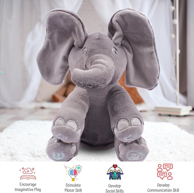 Dimple Emery Peek‑a‑Boo Elephant Plush Toy – Animated Grey Singing Stuffed Elephant for Babies & Kids with Interactive Music & Volume Control Perfect for Toddlers Ages 0 and up