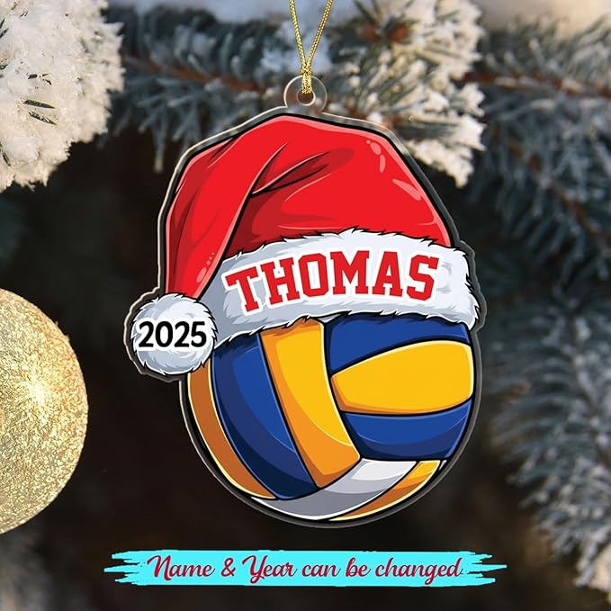 Personalized Year & Name Volleyball Player Christmas Ornament 2025, Volleyball Shaped Xmas Ornament Gift for Volleyballs Lover Coach Team, Custom Volleyballs Sport with Santa Hat Decor Xmas Ornaments