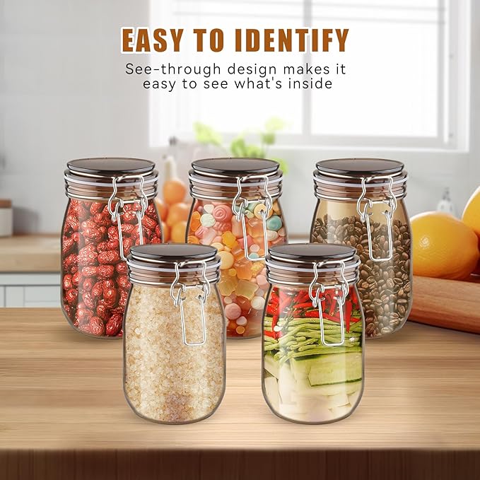 2 Pcs PET Plastic Storage Jar with Clamp Lid Empty Food Storage Container Bottle Large Refillable Canister For Nuts Sugar Coffee Candy Cookie Tea Spices And More (amber, 1000ml/33oz)