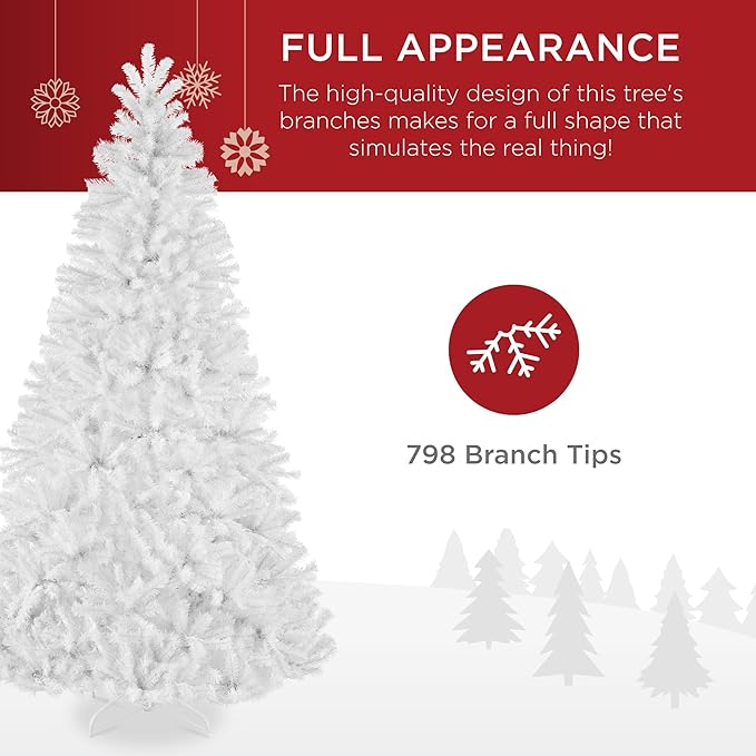 Best Choice Products Artificial Christmas Tree, 6ft Premium Unlit Realistic Spruce Holiday Décor w/Dense Branches, Metal Base – White Spruce