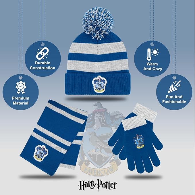 Harry Potter Winter Hat and Gloves with Set, Gryffindor, Slytherin, Hufflepuff, Ravenclaw, Winter Set 5-13 Year Olds