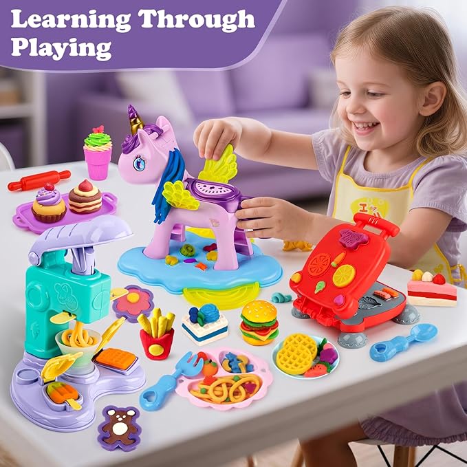 60 PCS 3 in 1 Dough Sets for Kids Ages 3-4-8, Art Crafts Dough Tools Kit, Unicorn Hair Stylist, Ice Cream Playset Hamburger Maker Machine, Kitchen Creations Food Play Toys Boys Girls