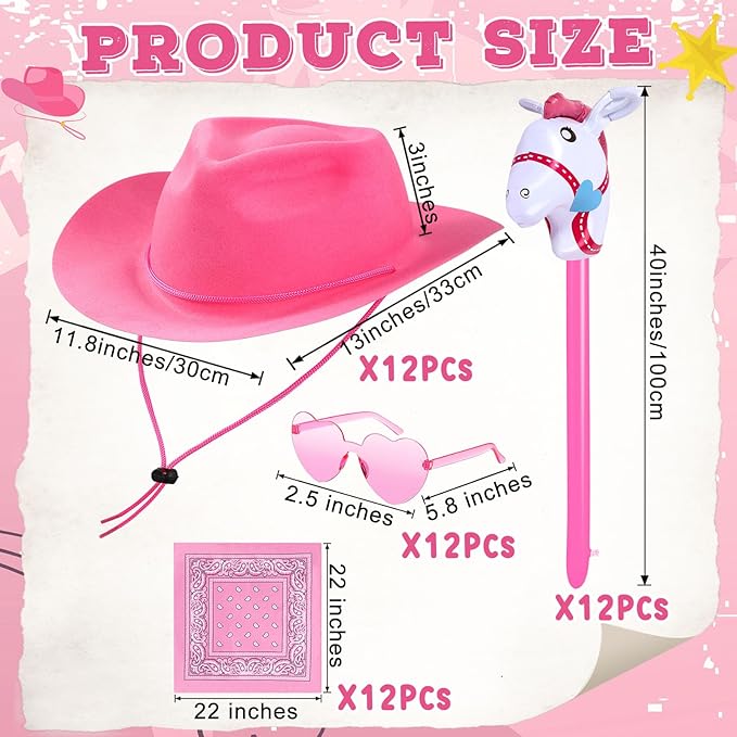 Xtinmee 48 Pcs Kids Cowboy Party Favor with Cowboy Hats Inflatable Stick Horses Bandanas Heart Glasses for Kid Costume(Pink)