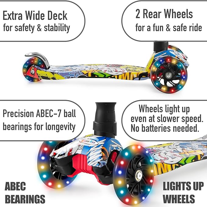 Scooters for Kids 3 Wheel Kick Scooter for Toddlers Girls & Boys, 4 Adjustable Height, Lean to Steer, Extra-Wide Deck, Light Up Wheels for Children from 3 to 14 Years Old