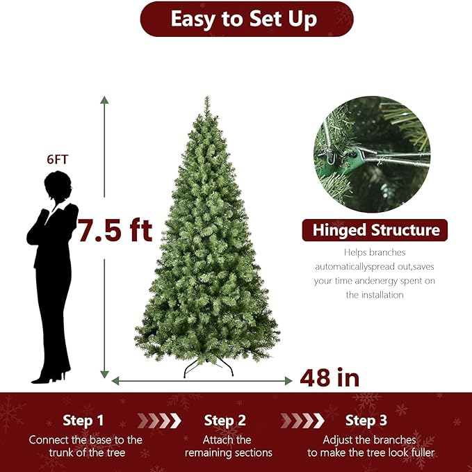 7.5ft Unlit Christmas Tree with 1200 Steel Branch Tip,Premium Full Hinged Spruce Christmas Tree with Foldable Base, Artificial Xmas Tree for Easy Holiday Setup