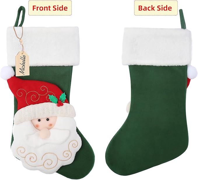 Christmas Stocking,21 inch Christmas Stockings with Wood Name Tag,3D Santa Christmas Stocking,for Family Holidays and Christmas Tree Fireplace Decoration(Green)