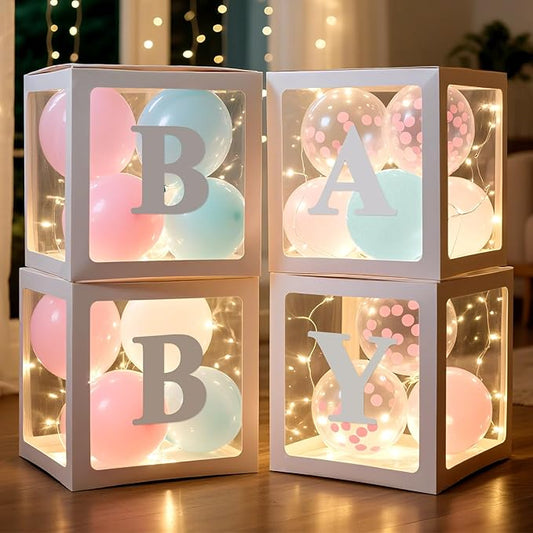Ledido Baby Boxes with Letters for Baby Shower Decoration, 4 pcs Clear Baby Balloon Boxes Blocks with LED Fairy String Lights 38 Balloons for Boy Girl Gender Reveal Birthday Party (White)