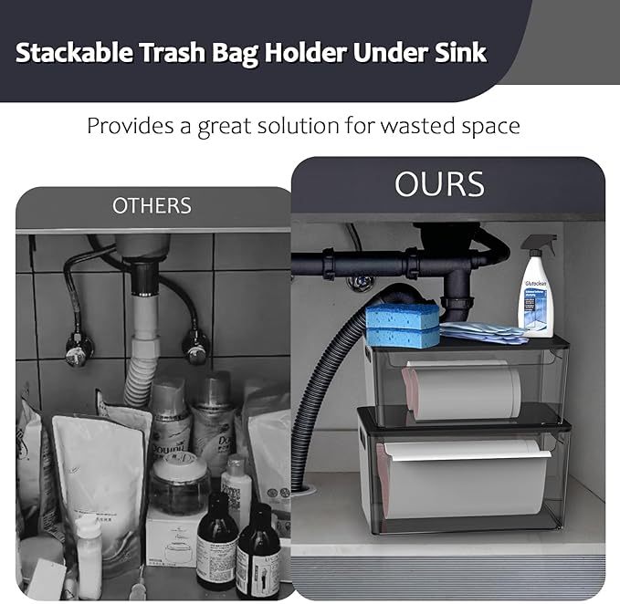 2 Pack Trash Bag Holder Under Sink Stackable, Plastic Garbage Bag Dispenser with Lid, Trash Bag Storage Dispenser Roll Holder for Kitchen, Pantry, Laundry Room Organization (Black)