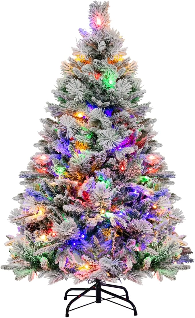 GOFLAME 4.5 FT Artificial Christmas Tree with Pine Needles, Snow Flocked Xmas Tree with 472 PE & PVC Branch Tips, 160 LED Lights & 26 Pine Cones, Hinged Decoration Tree with 8 Lighting Modes