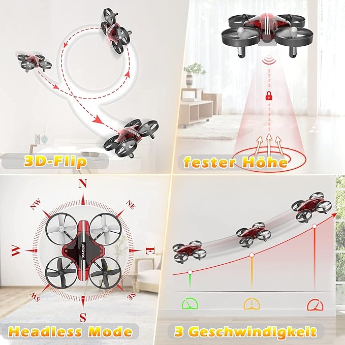 Mini Drone for Kids & Beginners, Indoor Portable Hand Operated/RC Nano Helicopter Quadcopter with Auto Hovering, Headless Mode & Remote Control, Children's Day Gift for Boys and Girls -Red.4-blade design delivers greater stability and increased thrust.