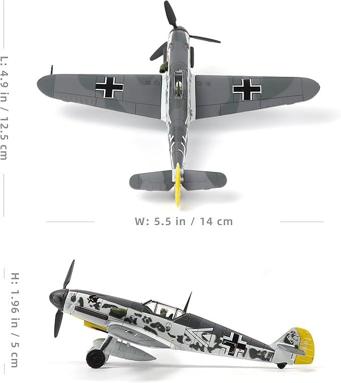 BF-109G Messerschmitt 1/72 Metal Airplane Model Kit with Stand WWII Diecast Alloy Fighter Model Vintage Combat Plane Prebuild Military Aircraft Collection(Desert Yellow)