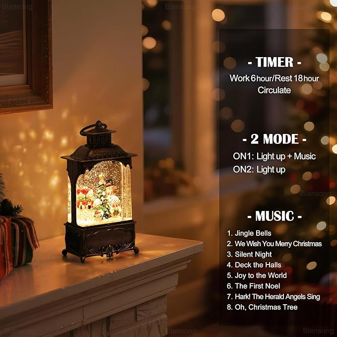 Snowman Snow Globe Lantern Christmas Decorations Gifts Auto Snowfall Glitter Music Collection Snowman Family Christmas Tree with 6H Timer USB/Battery Powered 10.2 inch