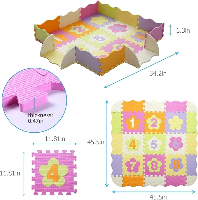 Foam Play Mat for Kids，25Pcs Square Interlocking Puzzle Floor Mat，Baby Play Mat Floor Mat Foam Puzzle Playmat for Toddlers with Fence（Number-CSH011
