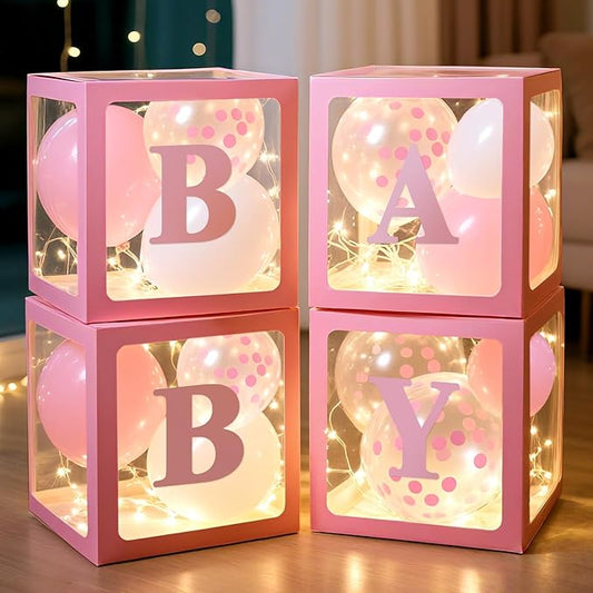 Ledido Baby Boxes with Letters for Baby Shower Decoration, 4 pcs Clear Baby Balloon Boxes Blocks with LED Fairy String Lights 38 Balloons for Boy Girl Gender Reveal Birthday Party (Pink)