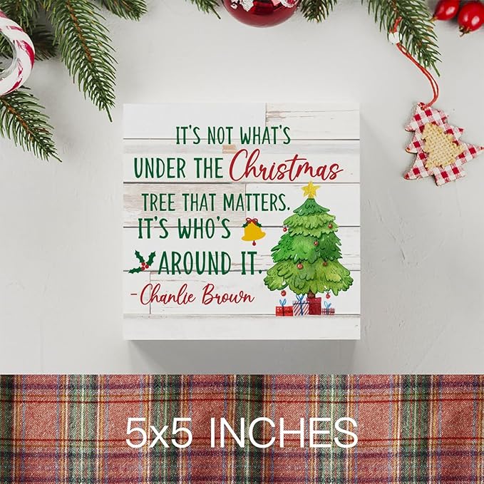 It's Not What's Under The Christmas Tree That Matters Christmas Decor Farmhouse Christmas Santa Artwork Decor, Wood Square Sign Desk Block Signs Home Shelf Office Decoration 5 x 5 Inches