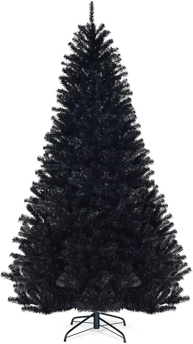 GOFLAME 7.5FT Artificial Halloween Christmas Tree, 1258 Branch Tips, PVC Needles, Xmas Hinged Pine Tree w/Solid Metal Legs, Unlit Halloween Christmas Tree for Indoor and Outdoor Decoration, Black