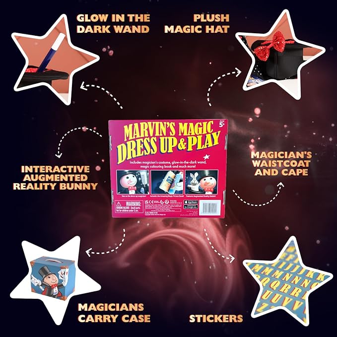 Marvin's Magic - Magician Costume with Magic Wand, Stickers, Magician Hat, Colouring Book and More - Gifts for Children, Toys, Kids Halloween Costume - Kids Costume