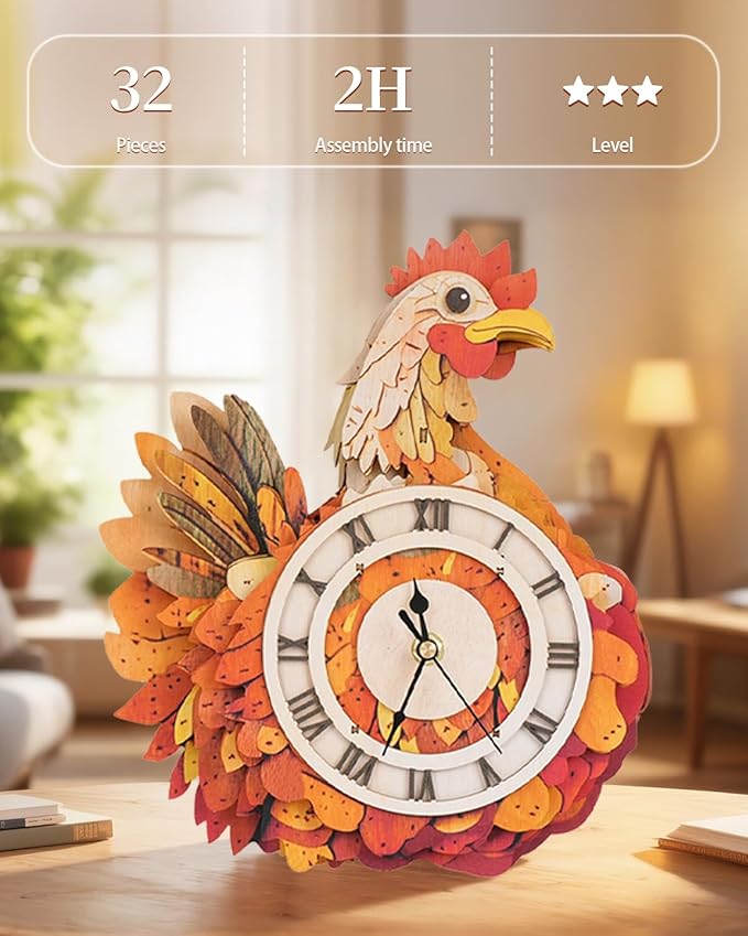 3D Wooden Puzzles for Adults, Hen Wall Clock DIY Set (with Pendulum), Beginner 29 Pcs Wooden Puzzles, Creative Gift Ideas for Adults Teens