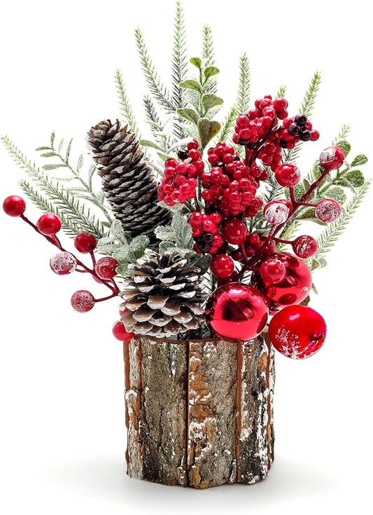 Small Christmas Tree, Artificial Mini Tabletop Decorations with Pine Cones Red Berries for Home Party Christmas Decorations Winter Indoor Outdoor