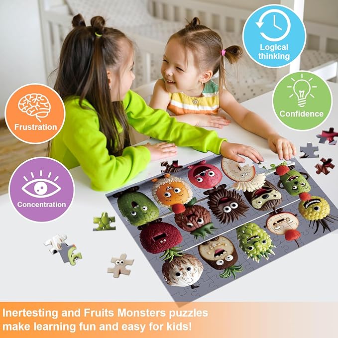 100 Piece Large Piece Donuts Jigsaw Puzzle for Kids Teens Age 4-8 Gift Family Game Unique Shapes Cute Monsters Puzzle (Happy Fruits)