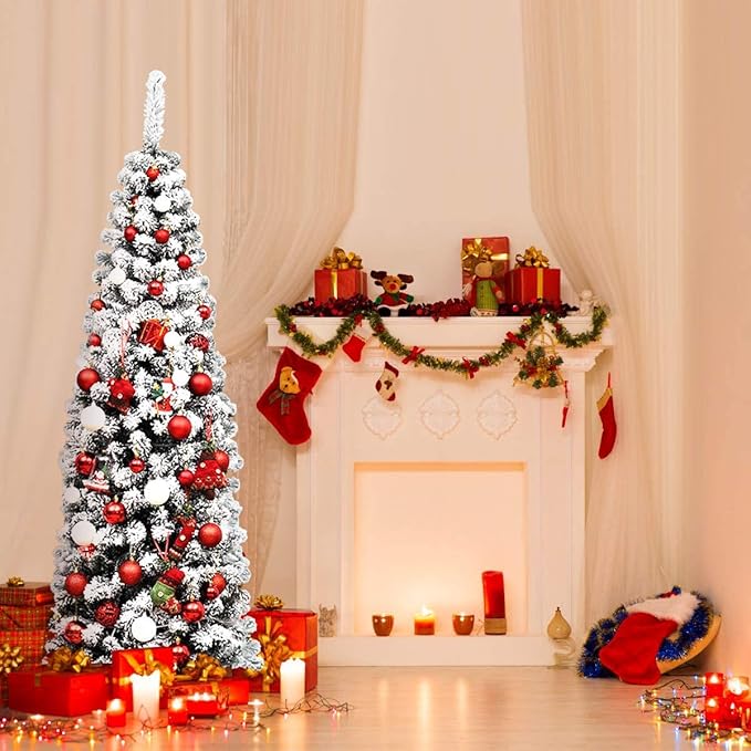 Happygrill 6FT Snow Flocked Pencil Christmas Tree Slim Artificial Xmas Tree Skinny Fake Tree for Indoor Outdoor Festival Decoration