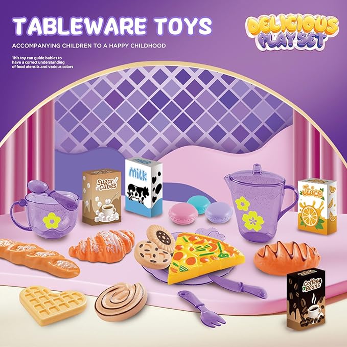 Tea Party Set for Little Girls, Pretend Dessert Food Set for Kids Age 3 4 5 6 7 8 9, Kids Kitchen Pretend Play Dessert Set for Girls Princess Boys (Purple)
