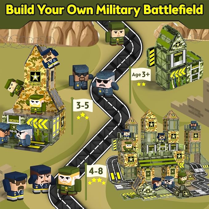 GobiDex 100PCS Army Magnetic Tiles Road Set, Military Magnetic Building Blocks with Toy Soldiers, STEM Construction Toys for Kids Ages 3-5 4-8, Christmas Birthday Gifts for 3+ Year Old Boys Girls