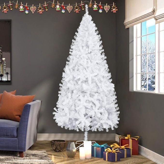 Bonnlo Artificial Christmas Tree, 8ft White Pointed Christmas Tree w/ 230 Branch Tips, Large Xmas Tree Holiday Party Decorations