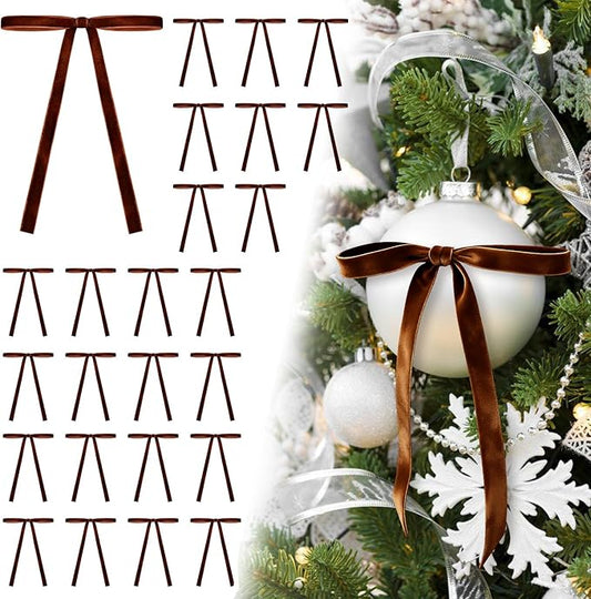 24Pcs Velvet Ribbon 5 x 7 Inch Christmas Ribbon 3/8 Inch Wide Christmas Bows Vintage Velvet Bows for Christmas Tree Brown Bows for Christmas Tree Decorations
