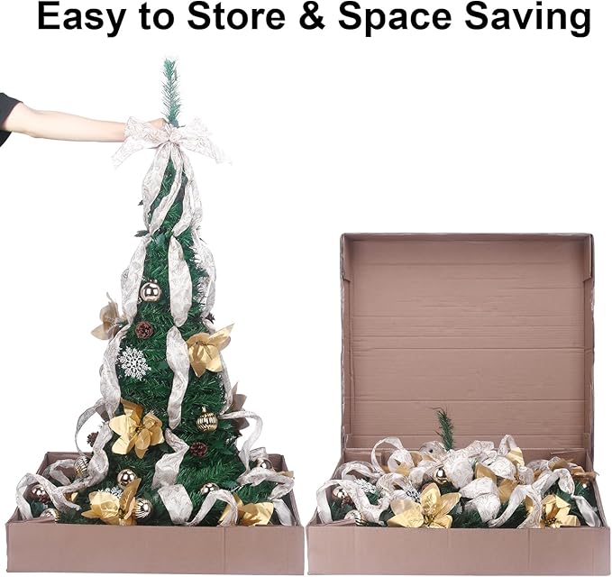 Pop Up Christmas Tree with Lights and Decorations & Remote, 6FT Prelit Pull Up Artificial Xmas Trees Decorated Christmas Tree with Red Gold Christmas Ball Ornaments Bows Ribbons Holiday Party Decor