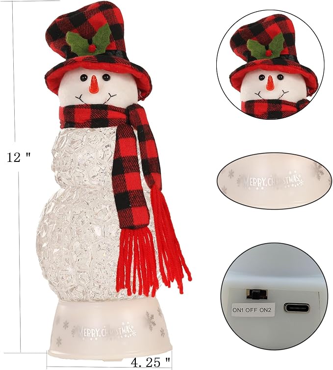 12" H Christmas Snowman Decorations, Snow Globe Lamp - Musical Holiday Decor with Timer, USB Power, Festive Room Light, Best Christmas,New Year Gift for Men,Women,Kids,Friends