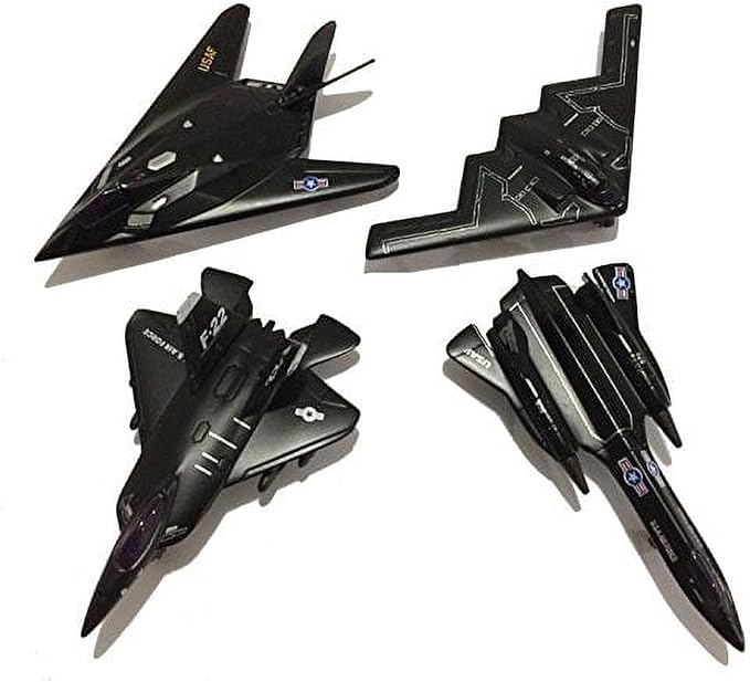 Playmaker Toys - Die-Cast Metal United States Air Force Stealth Aircraft Set, 4.5 Inch, 4-Pack with Pullback Action, B2 Bomber, SR-71 Blackbird, F-117 Nighthawk, F/A-22 Raptor