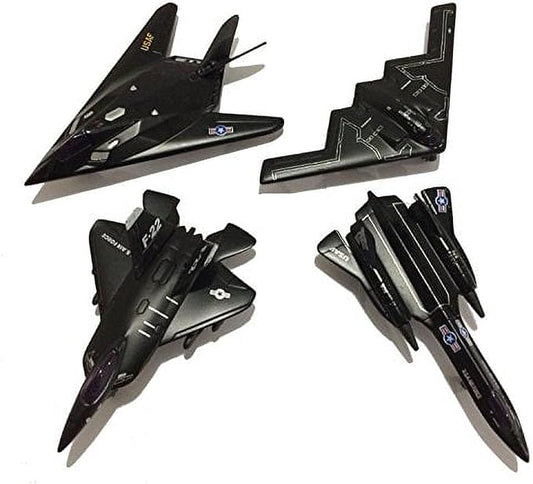 Playmaker Toys - Die-Cast Metal United States Air Force Stealth Aircraft Set, 4.5 Inch, 4-Pack with Pullback Action, B2 Bomber, SR-71 Blackbird, F-117 Nighthawk, F/A-22 Raptor