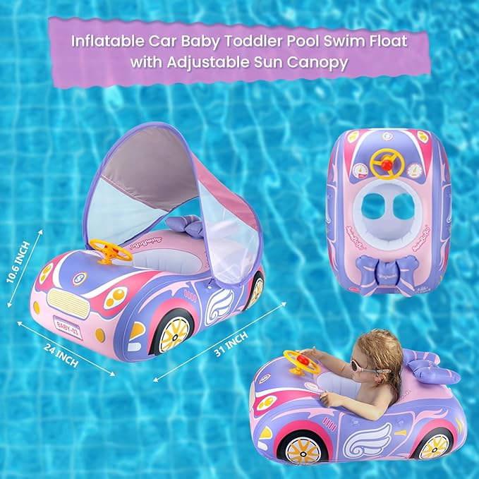 3D Car Thick PVC Inflatable Baby Swim Pool Float with Sun Shade Cover and Steering Wheel - Age 1-4 Years Old