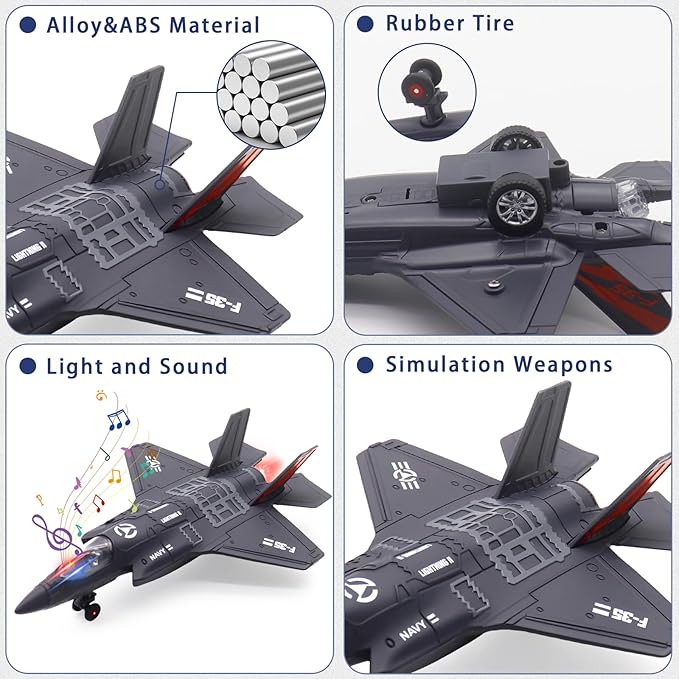 Dollox Metal Army Fighter Jets Model Airplane Toys with Light and Sound, Pull-back Alloy Airplane Toy Set Military Fighter Aircraft Flying Toys Diecast Jet Plane Models for Kids Birthday Gifts, 2 Pack